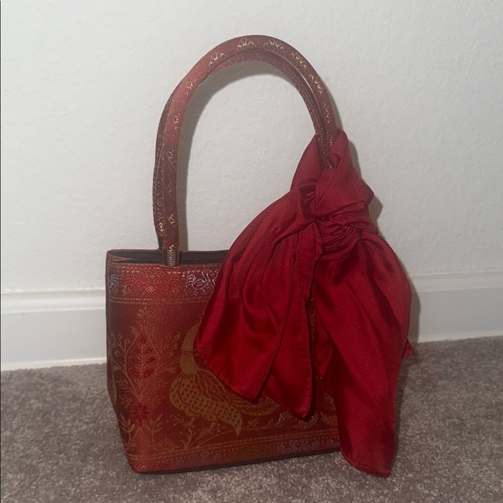 Elegant Red and Gold Peacock Bag + Scarf